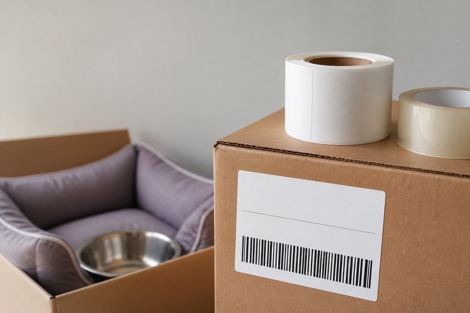 A labelled export carton with pet products packed behind it